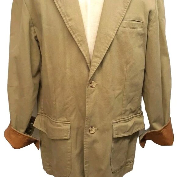 Orvis Blazer Men 40R 100% Cotton Tan Leather Style Cuff Trim Sporting Jacket - Picture 7 of 7